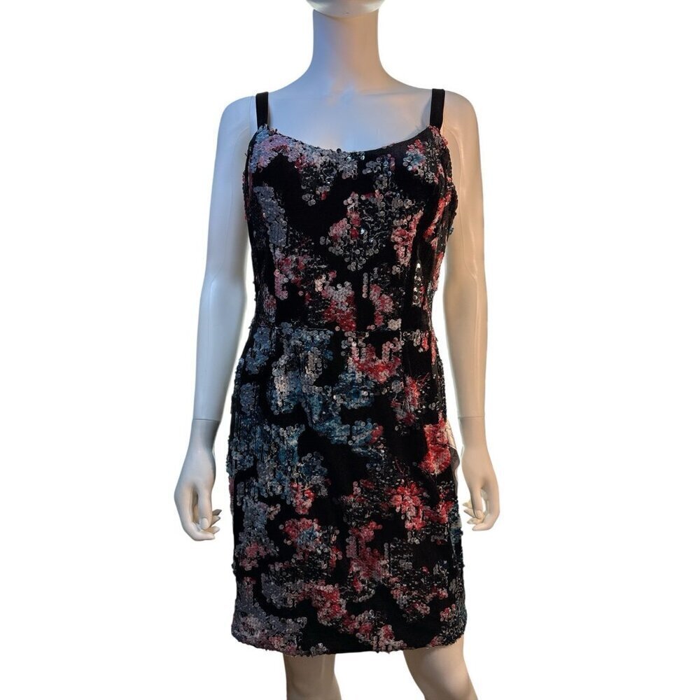 Dress The Population Nicole Dress Size L Black Sequin Floral Sheath Cocktail Nwt